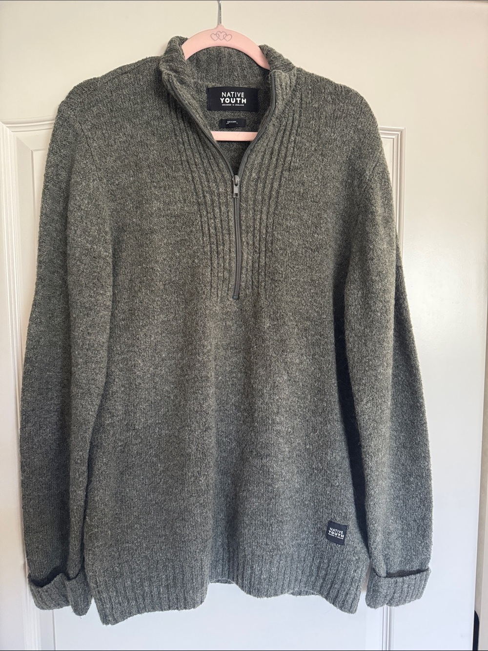 NATIVE YOUTH Men's Half-Zip Sweater in Olive Green Sz M